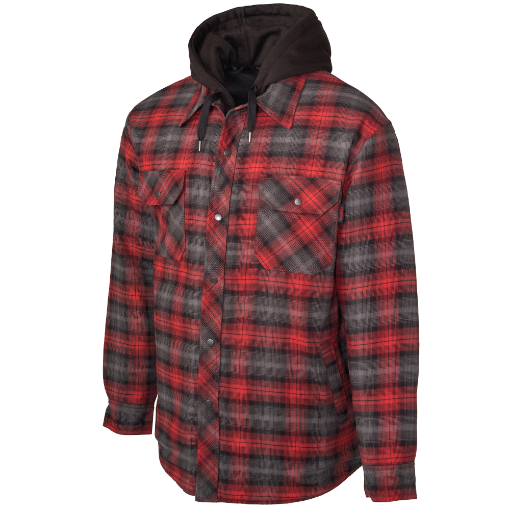 Tough Duck WS06 Quilt-Lined Hooded Flannel Jac-Shirt - Red/Charcoal Plaid