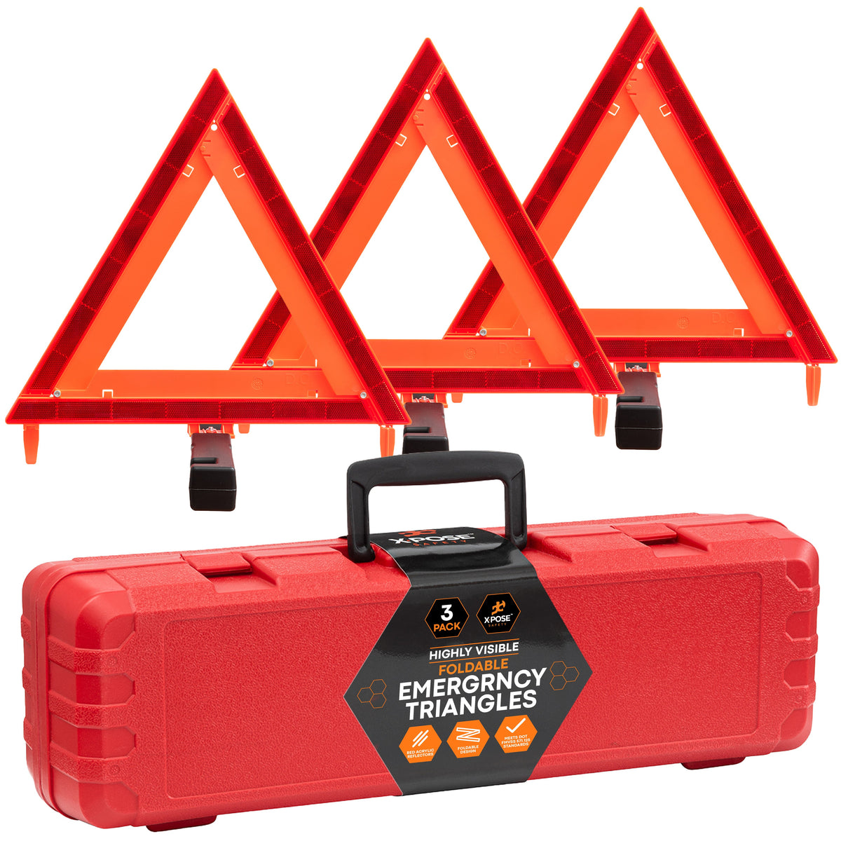Xpose Safety 12" Reflective Emergency Triangles - 3 Pack with Case