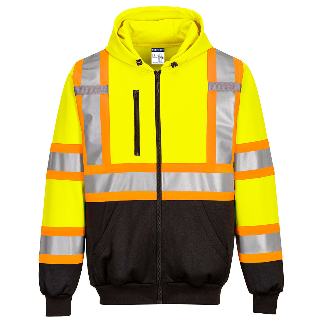 Portwest CA170 Hi-Vis X Back Contrast Tape Zipped Hoodie - Yellow, front