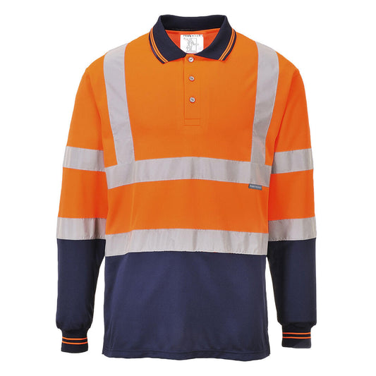 Portwest S279 Two-Tone Long Sleeve Polo Shirt - Orange/Navy, front