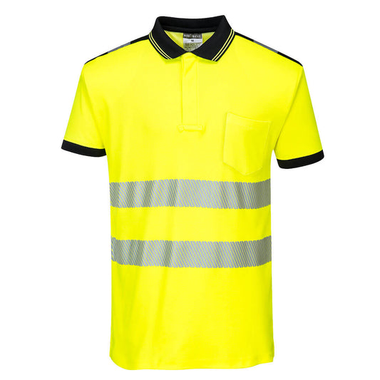 Portwest T180 PW3 Hi-Vis Cotton Comfort Polo Shirt S/S - Yellow/Black, front