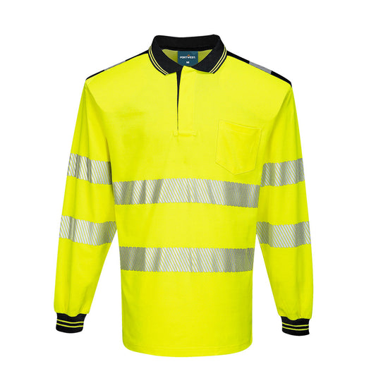 Portwest T184 PW3 Hi-Vis Cotton Comfort Polo Shirt L/S - Yellow/Black, front