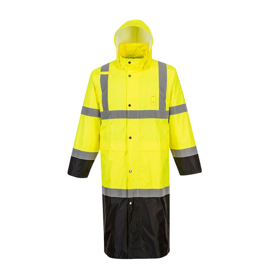 Portwest UH446 Hi-Vis Contrast Rain Coat 48" - Yellow/Black, front