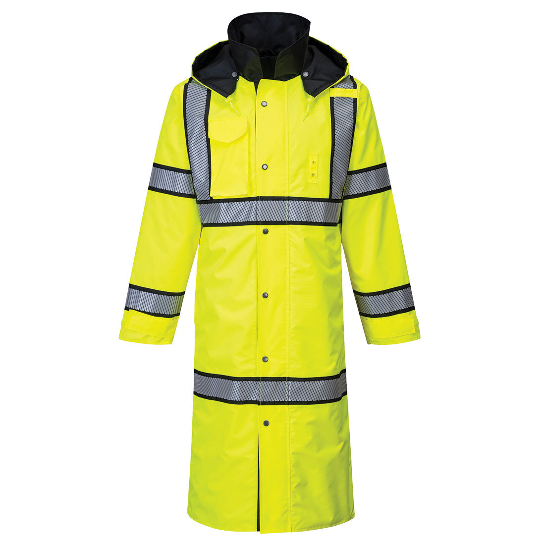 Portwest UH447 Hi-Vis Reversible Rain Coat 48" - Yellow/Black, front