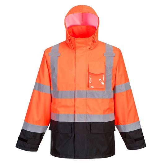 Portwest US366 Hi-Vis Contrast Rain Traffic Jacket - Orange/Black, front