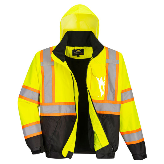 Portwest US367 Hi-Vis 2-in-1 Contrast Tape Bomber Jacket - Yellow/Black, front