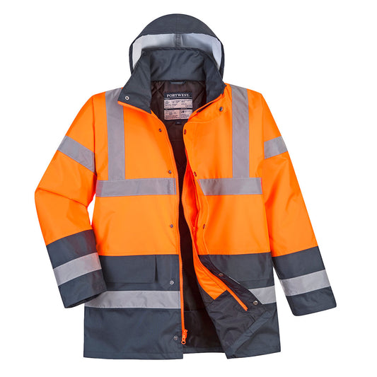 Portwest US467 Hi-Vis Contrast Winter Traffic Jacket - Orange/Navy, front